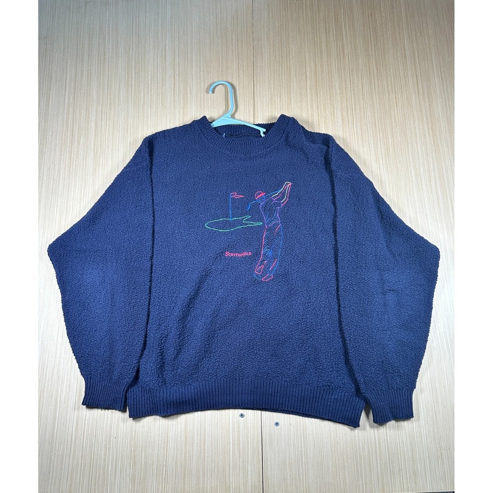 Scottish‎ Isle Sweater Mens Blue Graphic Chunky Knit Ribbed Golf Themed Winter